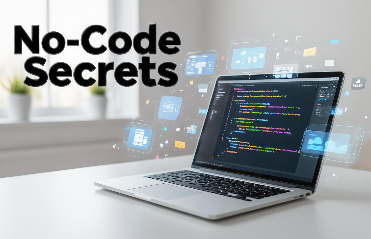 Create a realistic image of a modern workspace featuring a sleek laptop displaying colorful drag-and-drop interface elements and visual programming blocks on the screen, surrounded by floating holographic icons representing automation, AI tools, templates, and integration symbols, with a clean white desk surface, soft natural lighting from a window, and the text "No-Code Secrets" prominently displayed in bold modern typography overlaying the scene.