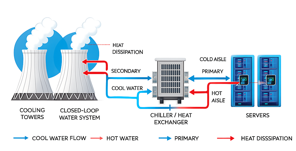 Data center water consumption cooling system diagram showing water usage for server temperature control