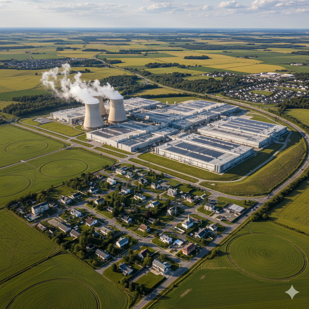 Data center water consumption aerial view showing cooling towers and rural community impact