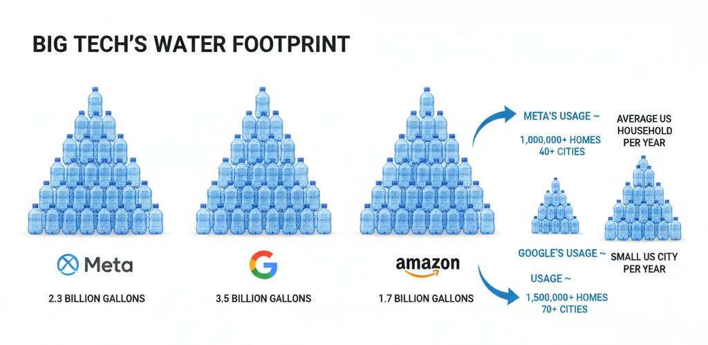 Tech company data center water consumption infographic comparing Meta Google Amazon usage to households