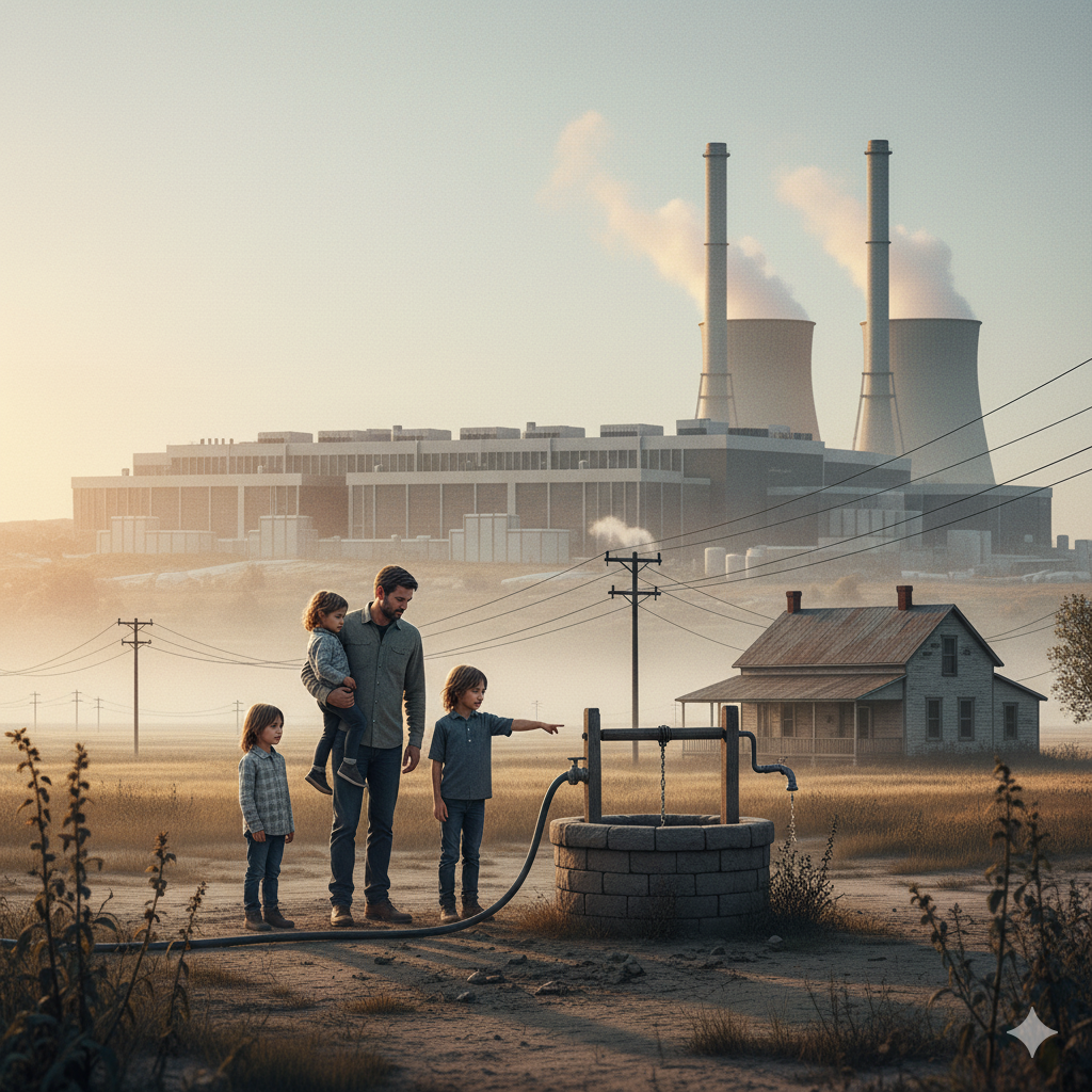 Rural family affected by data center water consumption crisis with dried well and facility in background